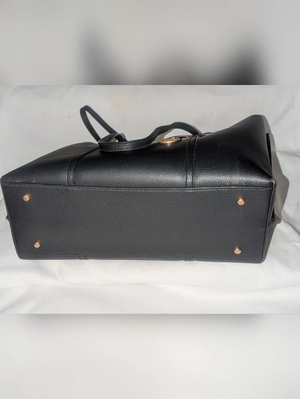 Tory Burch Perry Compartment Black Leather Tote with Tan Charm